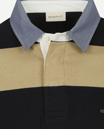 Gant heavy rugger shield longsleeve polo streep donkerblauw beige | Regular-fit