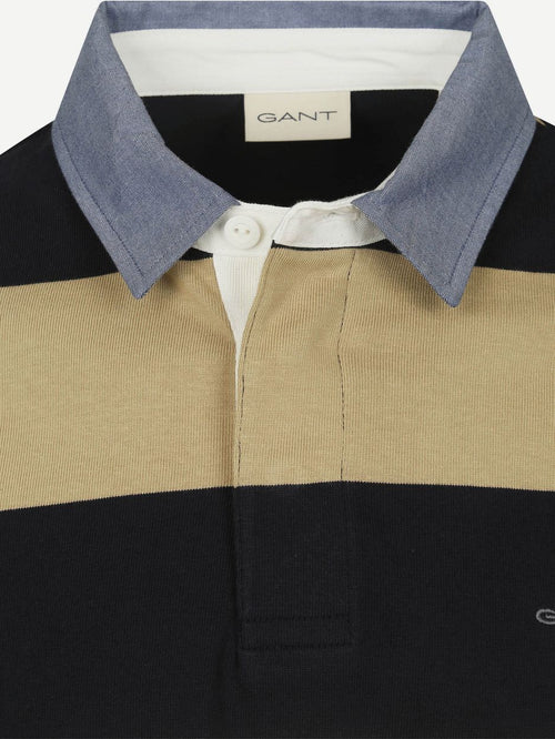 Gant heavy rugger shield longsleeve polo streep donkerblauw beige | Regular-fit