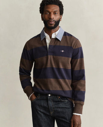 Rugger shield chambray polo streep donkerblauw bruin