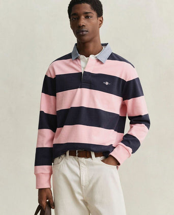 Heavy rugger shield polo streep donkerblauw roze