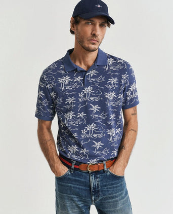 Poloshirt palm print dusty donkerblauw