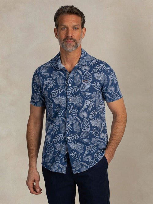 Overhemd short sleeve piqué flower print blauw