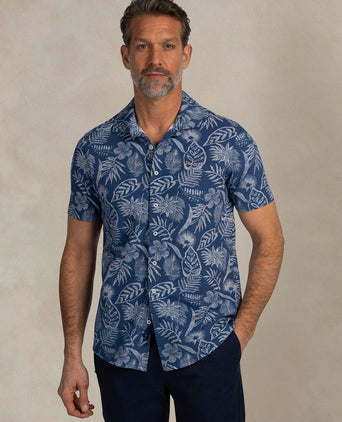 Overhemd short sleeve piqué flower print blauw
