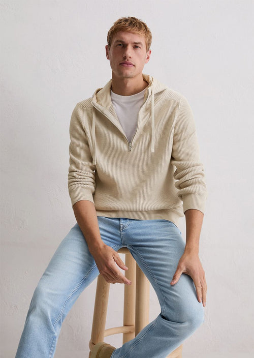Hooded halve rits pullover structured bi-colour ecru