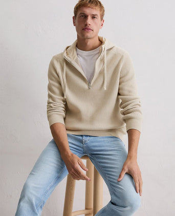 Hooded halve rits pullover structured bi-colour ecru