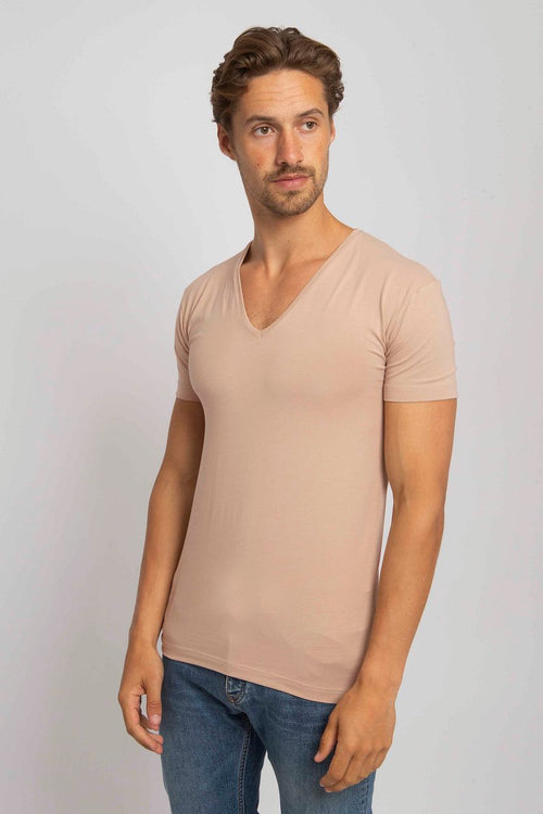 T-shirt NOV v-neck stretch beige (2-pack)