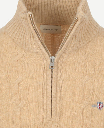 Halfzip lamswol trui cable beige