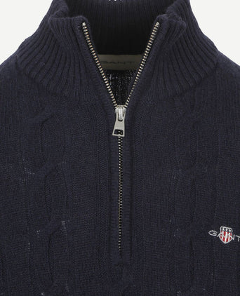Halfzip lamswol trui cable donkerblauw