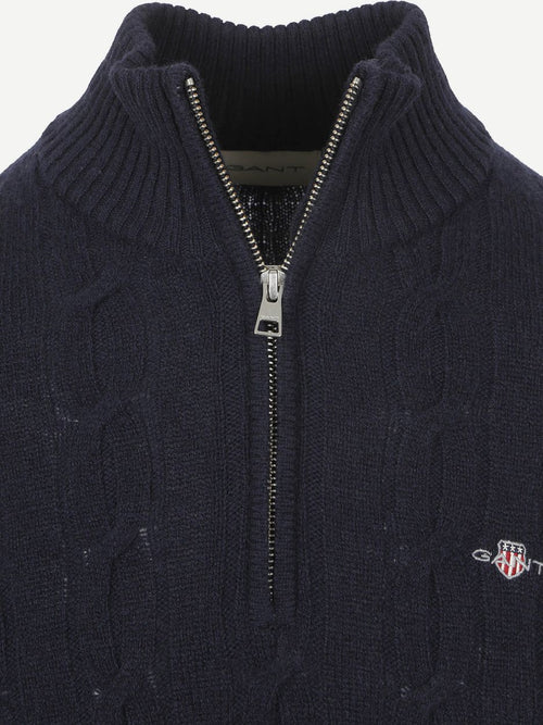 Gant halfzip lamswol trui cable donkerblauw | Regular-fit