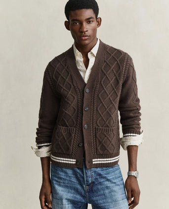 Cardigan cable knit lamswol bruin