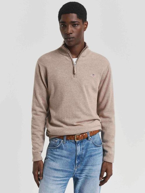 Halfzip wol trui logo beige
