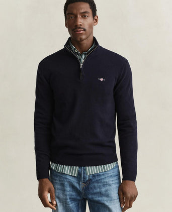 Halfzip lamswol trui donkerblauw