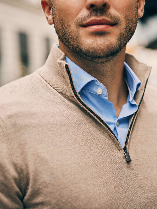 Suitable merino halve rits trui sand | Slim-fit