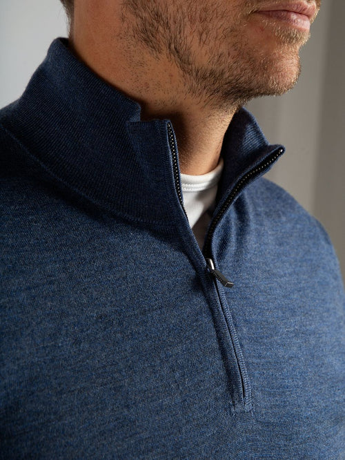 Merino halve rits trui denim blauw
