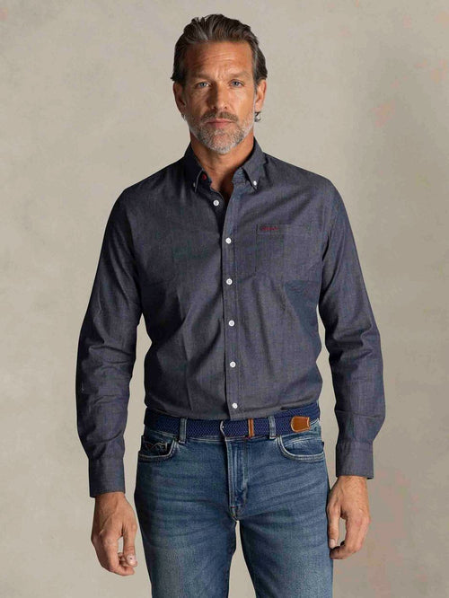 NZA shirt James twill melange donkerblauw | Regular-fit