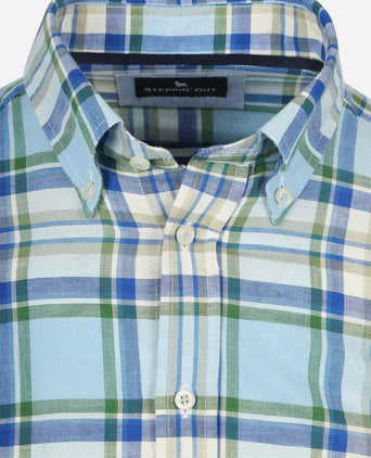 Overhemd linen cotton checks blauw groen