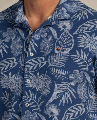 Overhemd short sleeve piqué flower print blauw