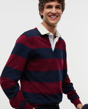 Rugby polo streep burgundy donkerblauw