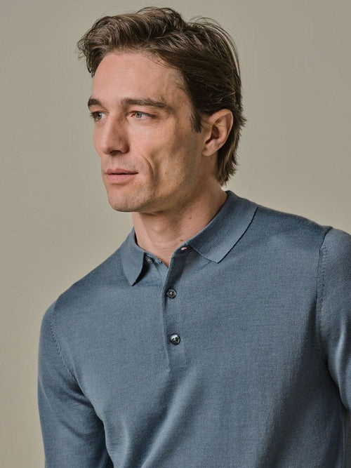 Longsleeve poloshirt merinowol blauw