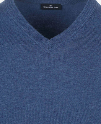 Pullover v-hals merinowol mid blauw