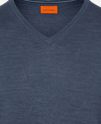 Merino pullover v-hals denim blauw