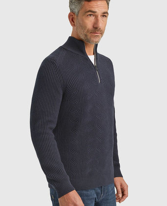 Trui halve rits structuur wolmix donkerblauw