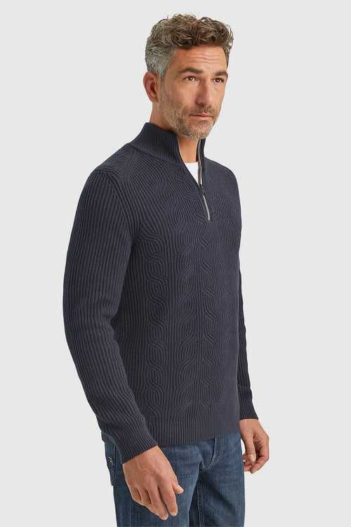 Trui halve rits structuur wolmix donkerblauw
