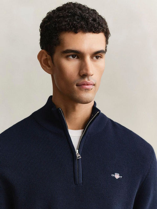 halve rits trui micro textured donkerblauw