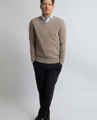 Pullover v-hals merinowol lichtbruin