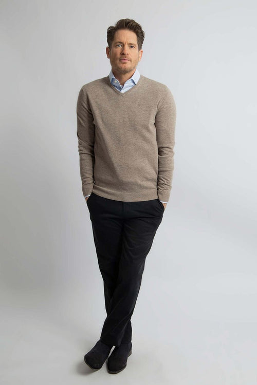 Pullover v-hals merinowol lichtbruin