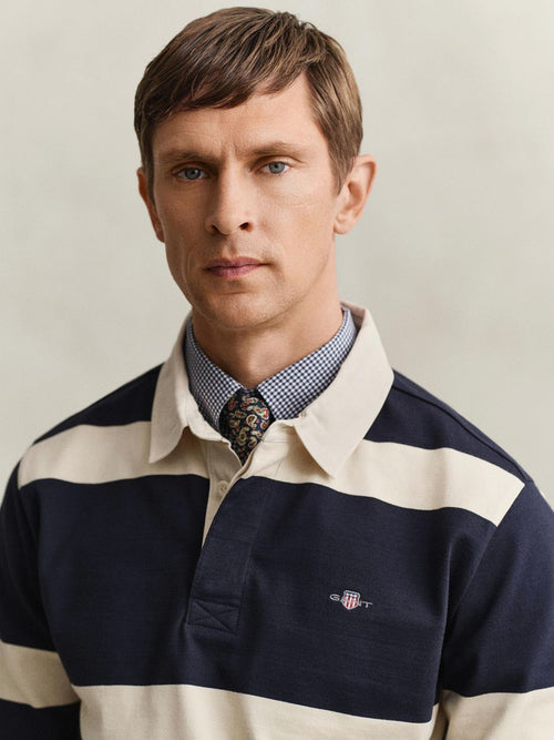 Heavy rugger stripe shield polo streep donkerblauw wit