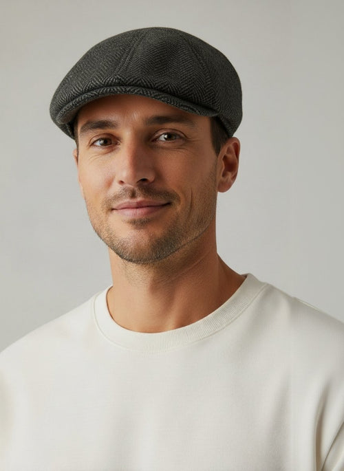 Flat cap wool herringbone donkergroen