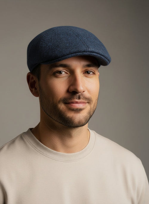Flat cap wool herringbone donkerblauw