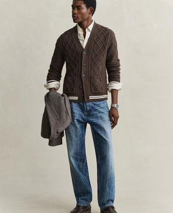 Cardigan cable knit lamswol bruin
