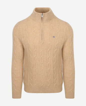 Halfzip lamswol trui cable beige