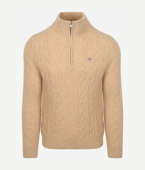 Halfzip lamswol trui cable beige