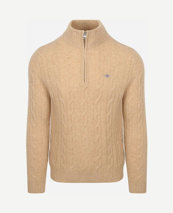 Halfzip lamswol trui cable beige