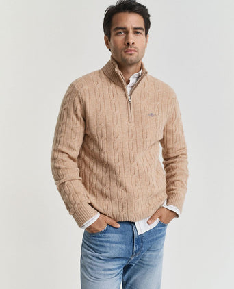Halfzip lamswol trui cable beige