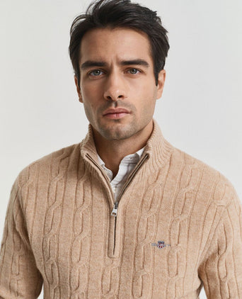Halfzip lamswol trui cable beige