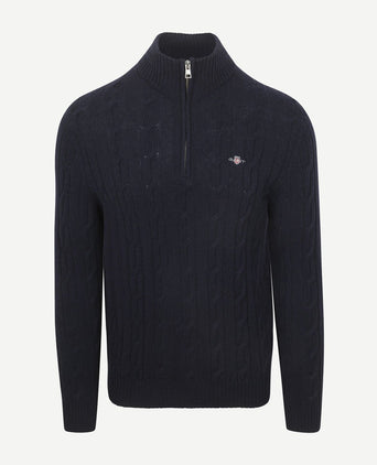 Halfzip lamswol trui cable donkerblauw