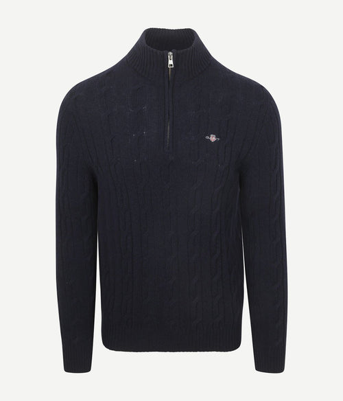 Gant halfzip lamswol trui cable donkerblauw | Regular-fit