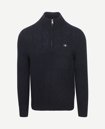 Halfzip lamswol trui cable donkerblauw