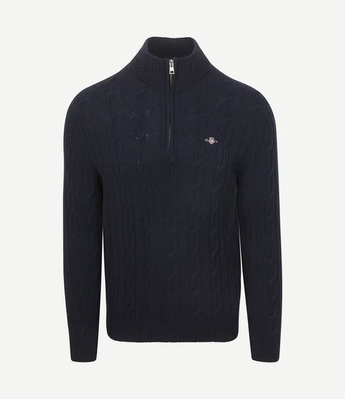 Halfzip lamswol trui cable donkerblauw