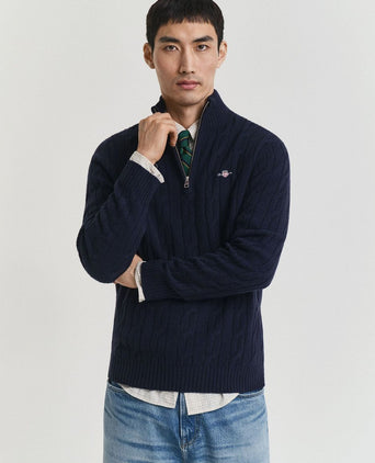 Gant halfzip lamswol trui cable donkerblauw | Regular-fit