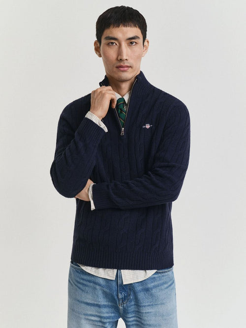 Halfzip lamswol trui cable donkerblauw
