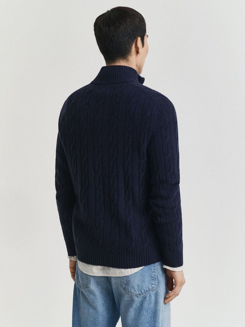 Halfzip lamswol trui cable donkerblauw