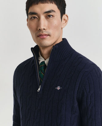Gant halfzip lamswol trui cable donkerblauw | Regular-fit