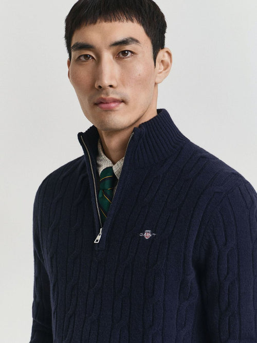 Halfzip lamswol trui cable donkerblauw