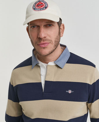 Gant heavy rugger shield longsleeve polo streep donkerblauw beige | Regular-fit