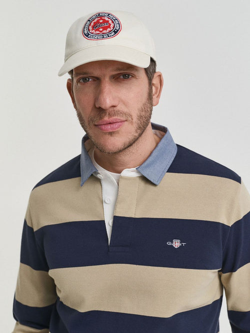 Gant heavy rugger shield longsleeve polo streep donkerblauw beige | Regular-fit